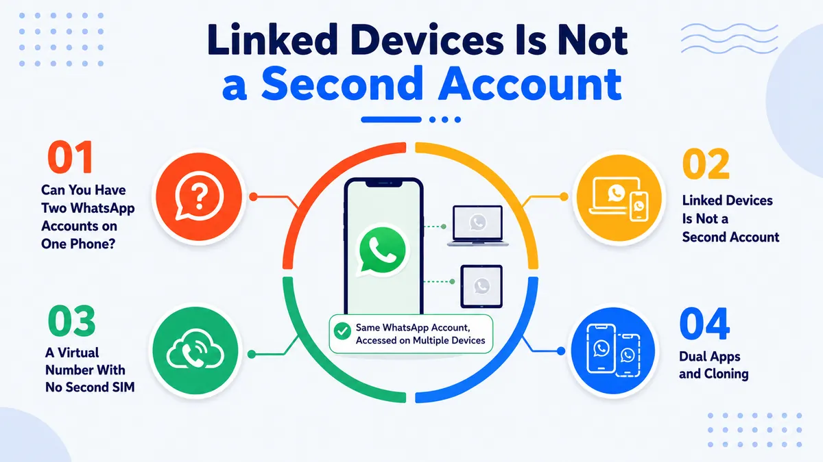Linked devices is not a second account — one WhatsApp number shared across multiple screens