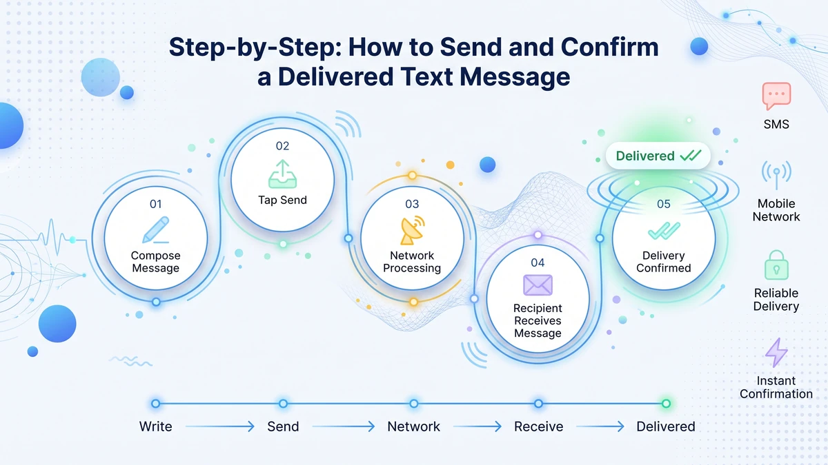 Step-by-step diagram showing how to send and confirm a delivered text message, from compose message to tap send, network processing, and delivery confirmed