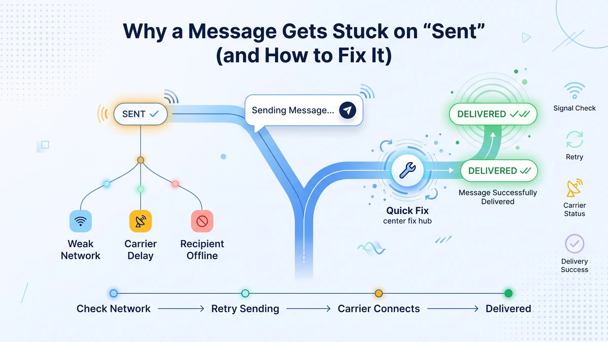 Why a message gets stuck on sent and how to fix it — weak network, carrier delay, or recipient offline, plus the quick fix path to delivered