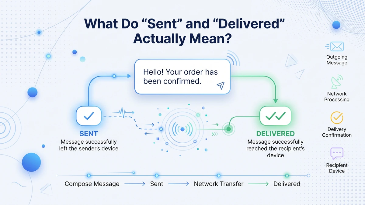 What do sent and delivered actually mean — diagram showing a message moving from sent on the sender's device to delivered on the recipient's device