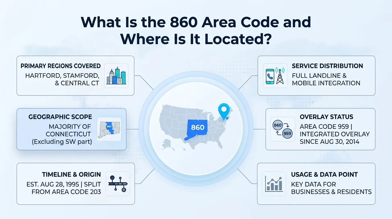 What is the 860 area code and where is it located — coverage overview