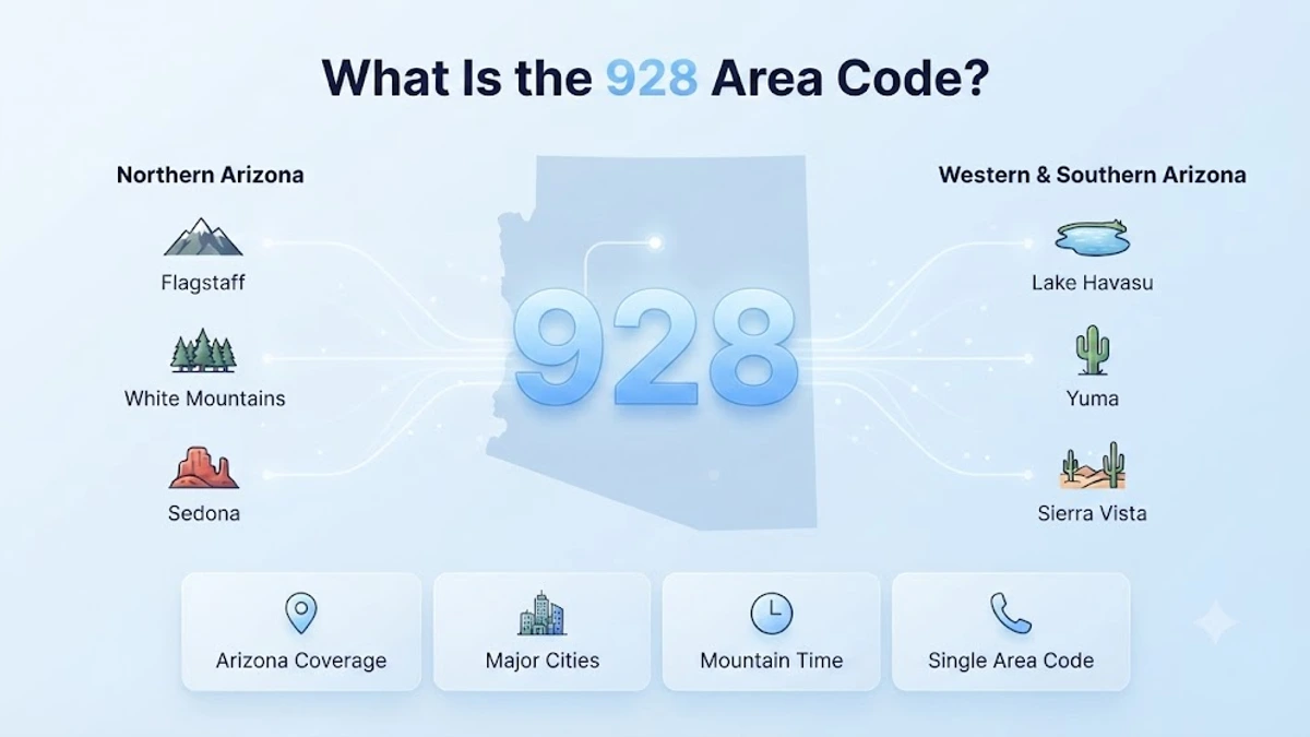 What is the 928 area code — map showing northern and western Arizona coverage