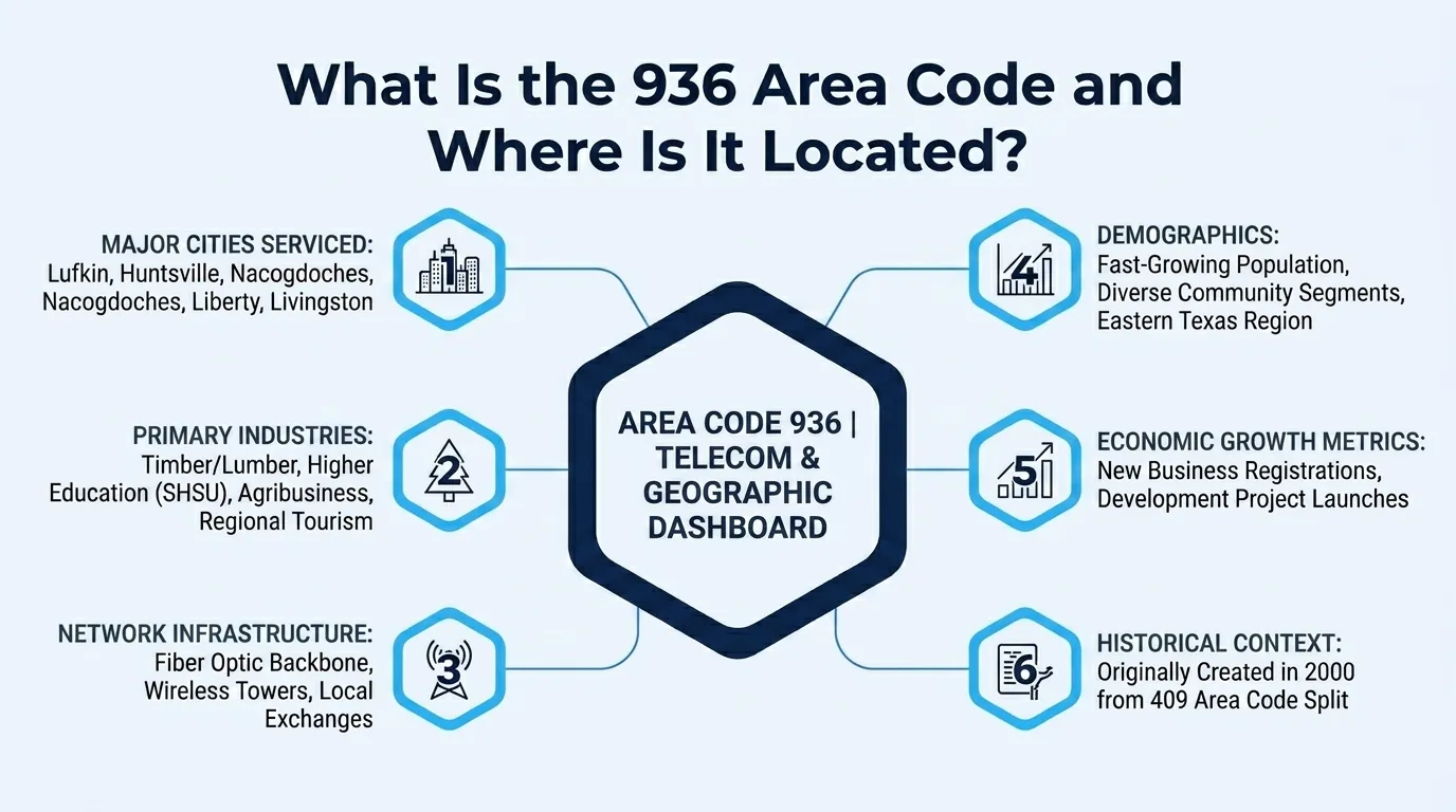 What is the 936 area code — cities, industries, and network infrastructure dashboard