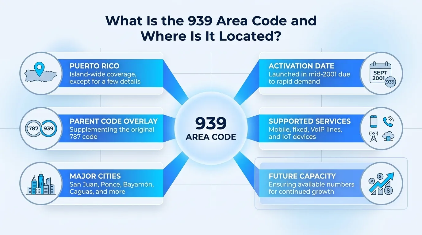 What is the 939 area code — Puerto Rico coverage, parent code overlay, major cities