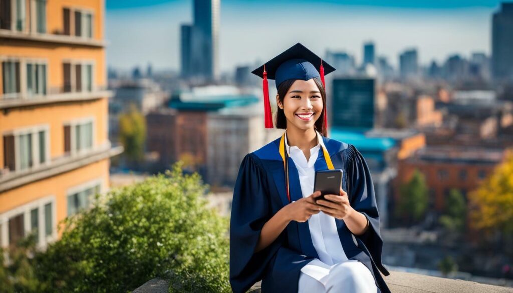 graduate using mobile phone