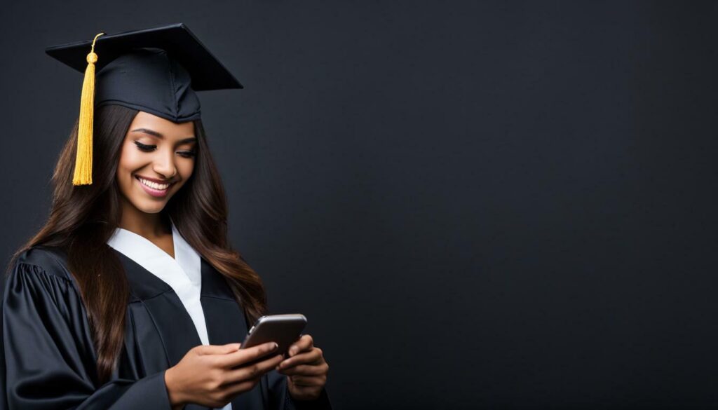 graduate using mobile phone