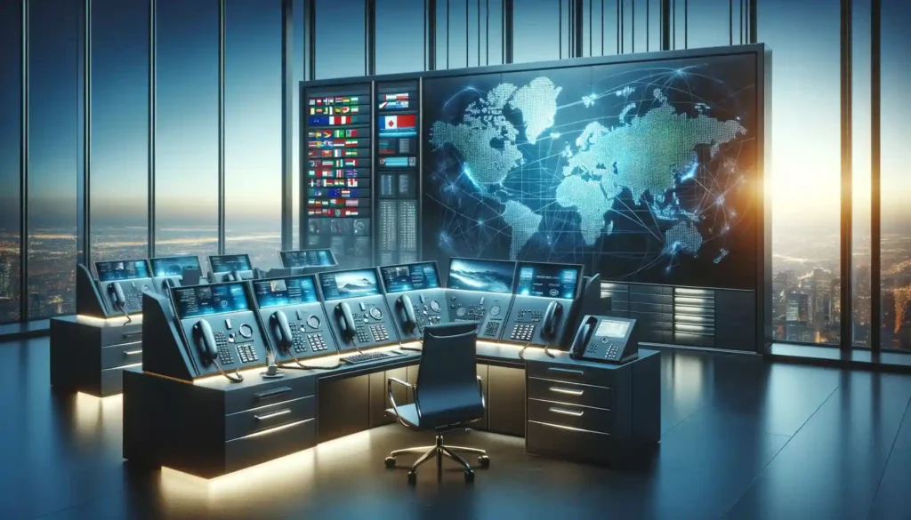 DALL·E 2023 11 — Визуализируйте концепцию международных звонков в современном элегантном офисе. Сцена включает в себя просторный письменный стол с высокотехнологичным телефоном.