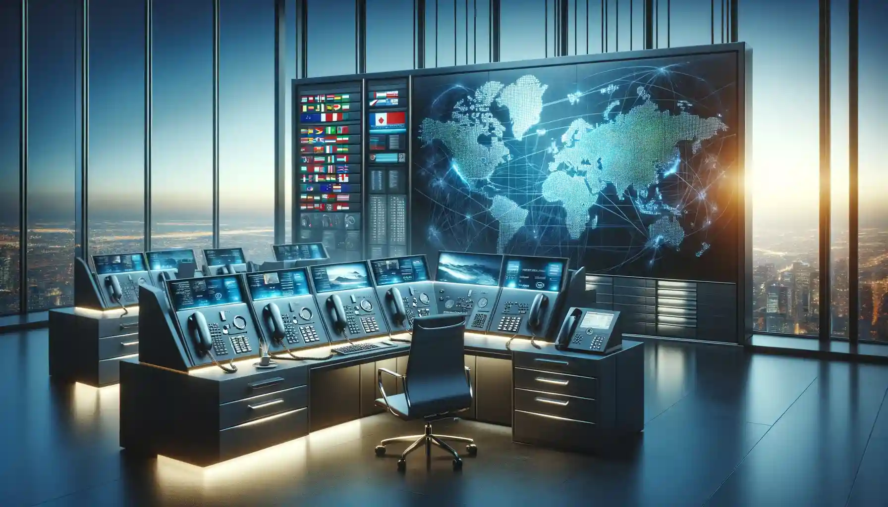 DALL·E 2023-11-08 12.07.41 - Visualisez le concept des appels internationaux dans un environnement de bureau moderne et élégant. La scène comprend un bureau spacieux avec un téléphone high-tech